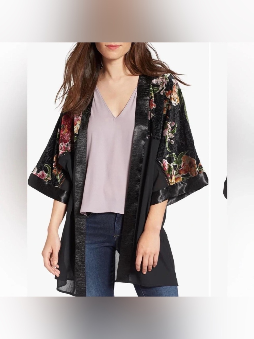 love, Fire Black Floral Satin-Trim Kimono Cape